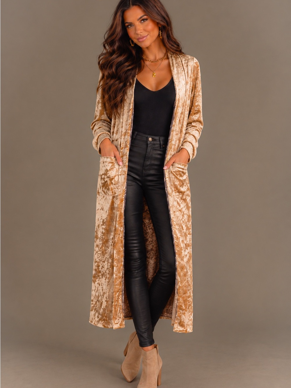 Long Velvet Open-Front Cardigan in Champagne